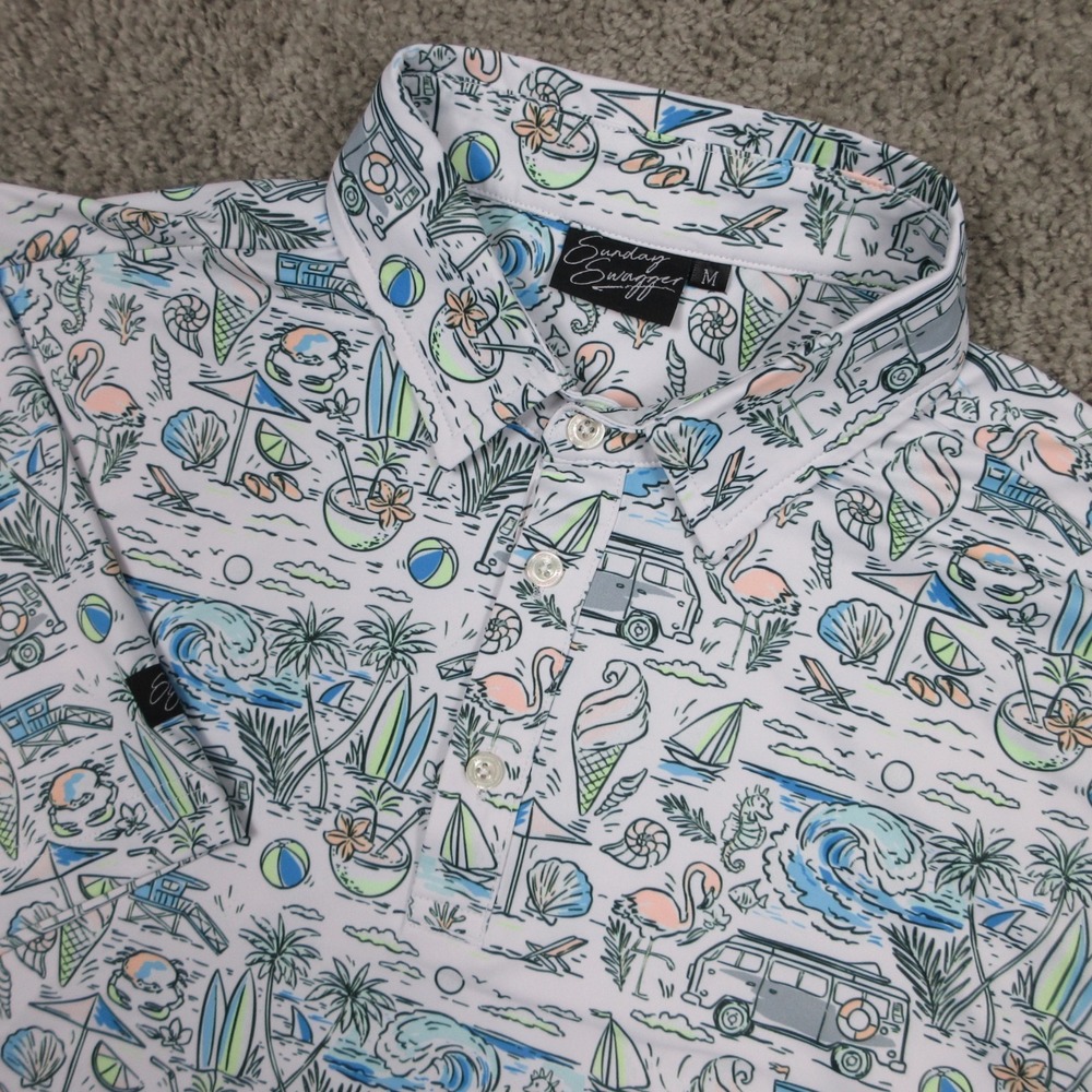 Sunday Swagger Polo Shirt Mens Medium White Graphic Print Summer Beach Golf EUC